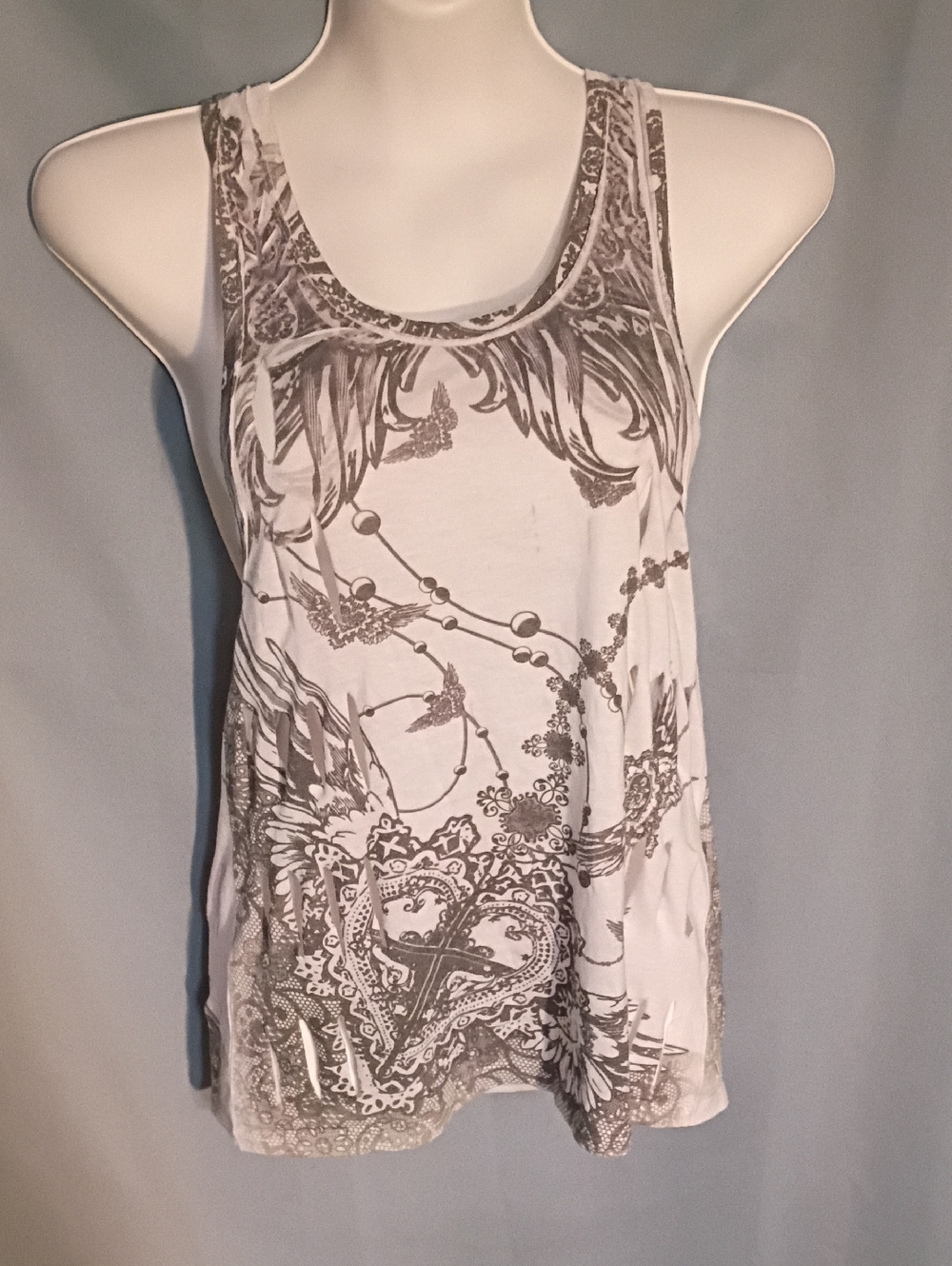 Wet Seal White Tank Top with Gray Graphic Print